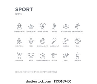 simple set of sport vector line icons. contains such icons as aerobics, aikido, archery, artistic gymnastics, award, badminton, ball, baseball, baseball bat and more. editable pixel perfect.