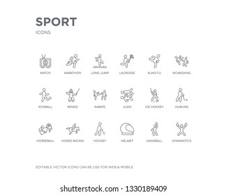 simple set of sport vector line icons. contains such icons as gymnastics, handball, helmet, hockey, horse racing, horseball, hurling, ice hockey, judo and more. editable pixel perfect.