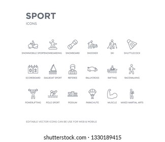 simple set of sport vector line icons. contains such icons as mixed martial arts, muscle, parachute, podium, polo sport, powerlifting, racewalking, rafting, rallycross and more. editable pixel