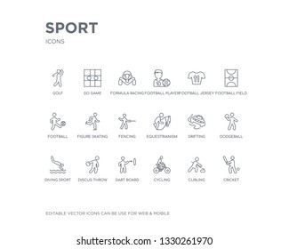 simple set of sport vector line icons. contains such icons as cricket, curling, cycling, dart board, discus throw, diving sport, dodgeball, drifting, equestrianism and more. editable pixel perfect.