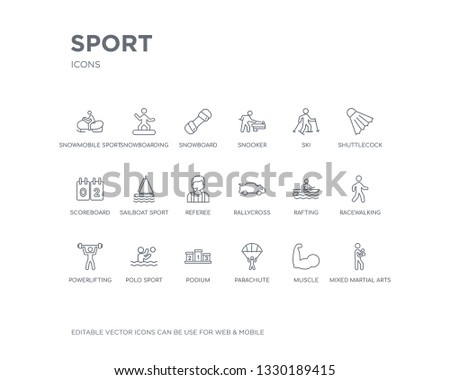 simple set of sport vector line icons. contains such icons as mixed martial arts, muscle, parachute, podium, polo sport, powerlifting, racewalking, rafting, rallycross and more. editable pixel
