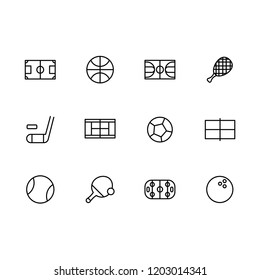 Simple set sports and active lifestyle vector line icon. Contains such icons football, hockey, basketball, tennis, soccer field, ball, racket, hockey stick, puck, ping pong