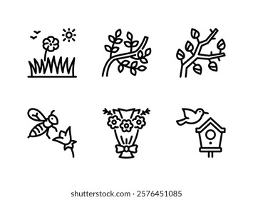 Simple Set of Spring Related Line Icons. Contains Icons as Grass, Branch Leaves, Tree Buds and more.