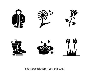 Simple Set of Spring Related Solid Icons. Contains Icons as Rain Coat, Dandelion Seed, Rose Flower and more.