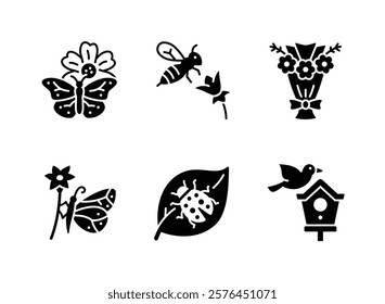 Simple Set of Spring Related Solid Icons. Contains Icons as Butterfly, Bee Nectar, Flower Bouquet and more.