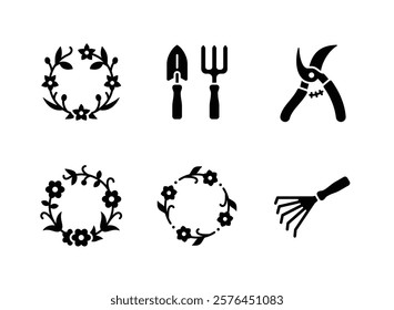 Simple Set of Spring Related Solid Icons. Contains Icons as Flower Wreath, Gardening Tools, Pruner Shears and more.