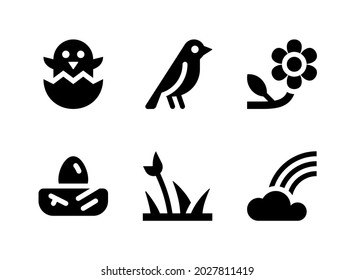 Simple Set of Spring Related Vector Solid Icons. Contains Icons as Chick Hatching, Bird, Flower, Nest and more.