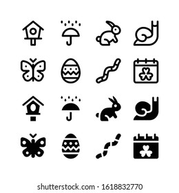 Simple Set of Spring Vector Glyph and Line Icons including bird house, umbrella, rabbit, snail, butterfly, easter egg, worm, calendar
