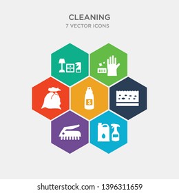 simple set of stain remover, scrub brush, scouring pads, solvent icons, contains such as icons trash bag, sanitize, clean-living and more. 64x64 pixel perfect. infographics vector