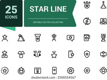 Conjunto simple de iconos de línea relacionados con estrellas. Relacionado con la calificación, medalla, premio y más. Pixel perfecto, Web minimalista e icono de interfaz de usuario. Colecciones de iconos de esquema.