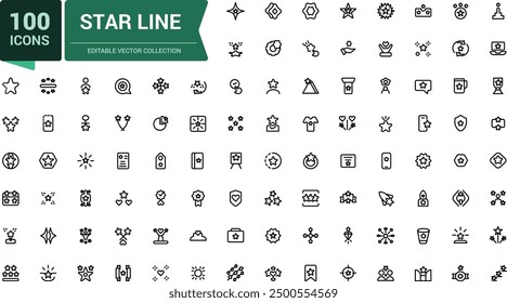 Simple set of star related line icons. Related to rating, medal, award and more. Pixel perfect, minimalistic web and UI icon. Outline icon collections.