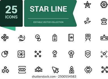 Simple set of star related line icons. Related to rating, medal, award and more. Pixel perfect, minimalistic web and UI icon. Outline icon collections.