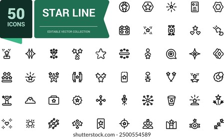 Simple set of star related line icons. Related to rating, medal, award and more. Pixel perfect, minimalistic web and UI icon. Outline icon collections.