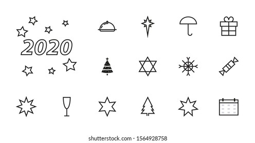 Simple set of stars related vector icons. Contains icons such as Christmas Tree, 2020, Gift, Wine Glass, Calendar Star and much more. white background, editable brush stroke, 48x48 Pixel Perfect