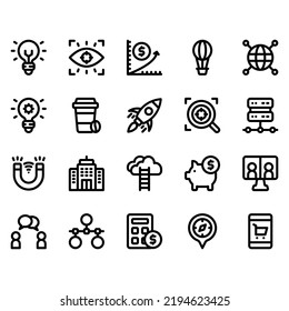 simple set of start up icon with line style. Contains such icon as idea, focus, growth and more. Pixel perfect icon. 32 px grid. Editable stroke