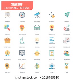Simple Set of Startup Related Vector Flat Icons. Contains such Icons as Planning, Navigation, Analytics, Funding, Teamwork, Research Market and more. Editable Stroke. 48x48 Pixel Perfect.