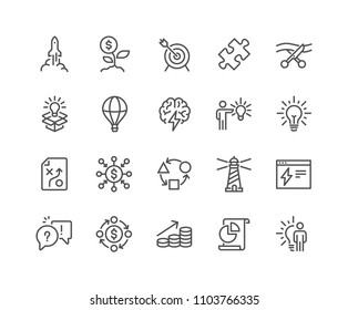 Simple Set of Startup Related Vector Line Icons. 
Contains such Icons as Goal, Out of the Box Idea, Launch Project and more.
Editable Stroke. 48x48 Pixel Perfect.
