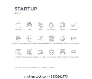 simple set of startup vector line icons. contains such icons as startup laptop, startup project search, shield, strategic vision, strategical planning, strategy, strategy choice, strategy game, in a