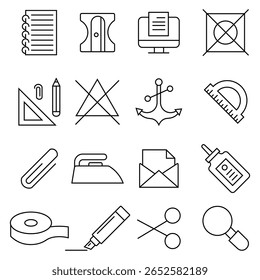 Simple set of stationery items line icon set. Containing book, compose, writer, stationery, documents, draw, script, note, calligraphy, scissors and more. Branding icon set liner style. 