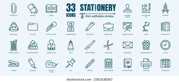 Conjunto simple de Iconos de línea de vectores relacionados con el suministro de la oficina de Stationery. Contiene Iconos finos como lápiz, divisor, grapado y marcador. Stroke editable. 48x48 Perfecto para píxeles