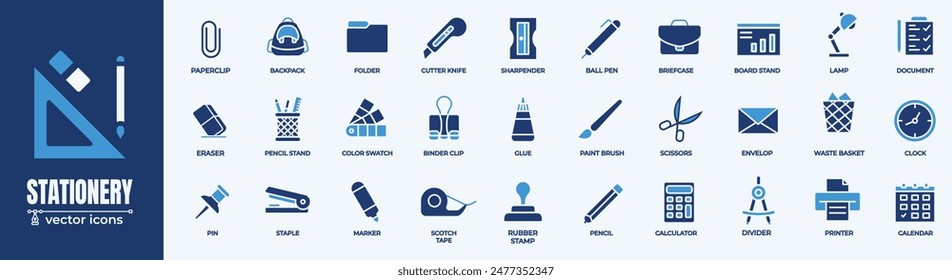 Simple set of Stationery office supply Related Vector Line Icons. Contains thin Icons as pencil, divider, staple and marker. Editable Stroke. 48x48 Pixel Perfect