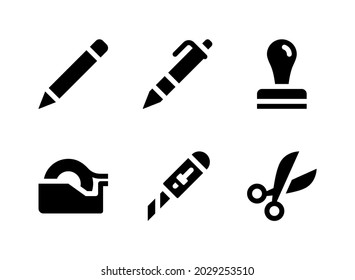 Simple Set of Stationery Related Vector Solid Icons. Contains Icons as Pen, Stamp, Tape Dispenser, Scissors and more.