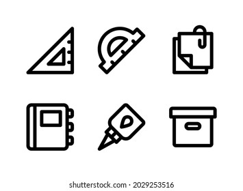 Simple Set of Stationery Related Vector Line Icons. Contains Icons as Triangle Ruler, Notebook, Liquid Glue, Cardboard and more.
