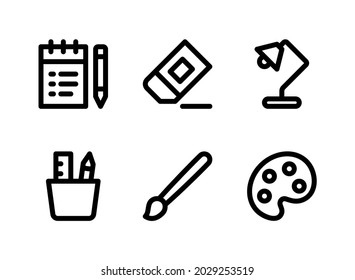 Simple Set of Stationery Related Vector Line Icons. Contains Icons as Notepad, Eraser, Desk Lamp, Pencil Holder and more.
