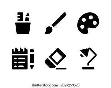 Simple Set of Stationery Related Vector Solid Icons. Contains Icons as Pencil Holder, Notepad, Eraser, Desk Lamp and more.