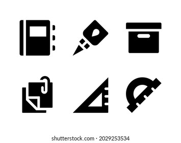 Conjunto simple de iconos sólidos vectoriales relacionados con la estacionería. Contiene iconos como cartulina, regla triangular, bloc de notas, brillo líquido y más.