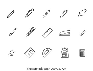 Simple Set of Stationery Related Vector Line Icons. Contains icons such as Pencil, Mechanical pencil, Crayons, Pen, Highlighter, Paintbrush, Penknife, Ruler, Stapler, Eraser, Paper clip, and more.