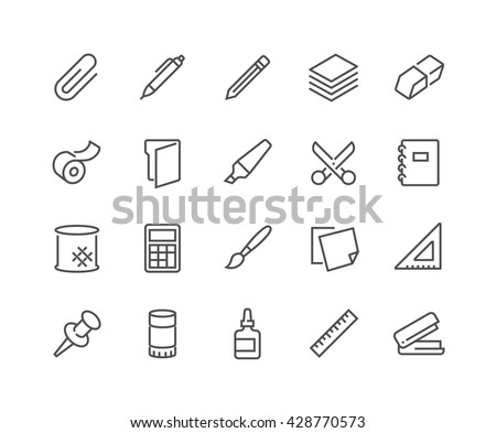 Simple Set of Stationery Related Vector Line Icons. 
Contains such Icons as Duct Tape, Paper, Eraser, Pen, Pencil and more. 
Editable Stroke. 48x48 Pixel Perfect. 