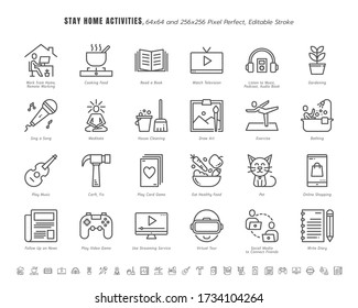 Simple Set of Stay Home Activities for Mental Health During Coronavirus, Covid-19 Crisis Related. Such as News Update, Cooking, Game. Line Outline Icons Vector. 64x64 Pixel Perfect. Editable Stroke. - Shutterstock ID 1734104264