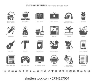Simple Set of Stay Home Activities for Mental Health During Coronavirus, Covid-19 Crisis Related. Such as News Update, Cooking, Game, Work, Social Media. Solid Glyph Icons Vector. 64x64 Pixel. - Shutterstock ID 1734157004