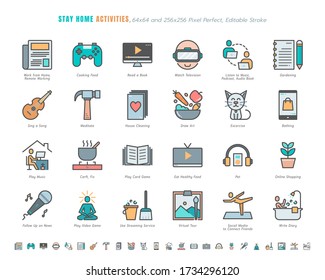 Simple Set of Stay Home Activities for Mental Health During Coronavirus, Covid-19 Crisis Related. Such as News Update, Cooking, Game. Filled Outline Icons Vector. 64x64 Pixel Perfect. Editable Stroke.