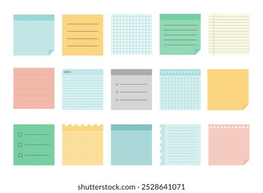 Simple set of sticky notes. Blank square sheets of paper. Various paper stickers. Vector illustration.