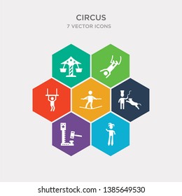 simple set of stilt walker, strength tester, tamer, tightrope walker icons, contains such as icons trapeze, trapeze artist, flying chairs and more. 64x64 pixel perfect. infographics vector