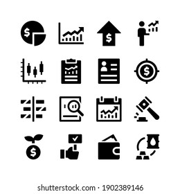 Simple Juego de Iconos de Glyph Vector Relacionados con Bolsa. Contiene íconos como dividendo, gráfico, crecimiento económico, empresario, informe y más.