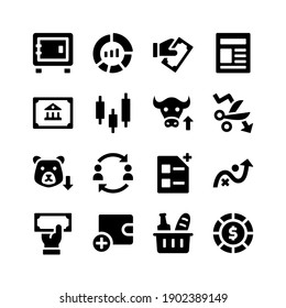 Simple Set of Stock Exchange Related Vector Glyph Icons. Contains Icons as Deposit, Pie Chart, Payment, Newspaper, Bull Market and more.