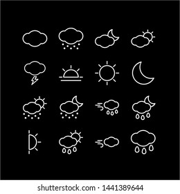 Simple set of stock Weather Forecast. Vector line icons. Contain such icon as cloud, rain, moon, evening and more. Editable stroke.