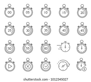 Simple Set of Stopwatch Related Vector Line Icons. Contains such Icons as time, hour, minute, alarm clock, wrist watch, rate, duration and more. 