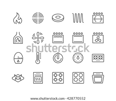 Simple Set of Stove Related Vector Line Icons. 
Contains such Icons as Timer, Heat, Gas, Induction, Electrical Stove and more. 
Editable Stroke. 48x48 Pixel Perfect. 