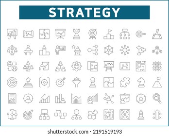 Conjunto simple de iconos de línea de vectores relacionados con la estrategia. Contiene íconos como objetivos, éxito, lógica, gráficos, informes, negocios, crecimiento, metas y más.