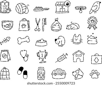 Simple set of stroke line icons in doodle style related to pet services. icons for veterinary, pet store