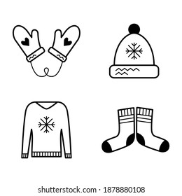Simple set of stylish black-white icons for knitting, sewing and needlework. Images Knitted hat with a snowflake, mittens with hearts, sweater, socks with a pattern. Modern trendy badges for handmade