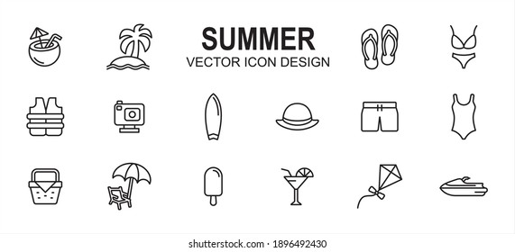 Simple Set de veraneo de la playa Estilo lineal Relacionado Diseño gráfico de la interfaz de usuario del icono Vector. Contienen Iconos como bebida de coco, playa, zapatillas, sandalias, bikini, bañador, tabla de surf, cesta de picnic