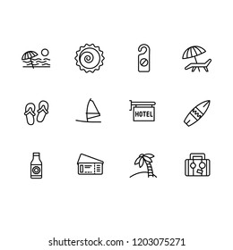 Simple set summer holiday on sea beach vector line icon. Contains such icon travel, summer beach, chaise lounge, umbrella, slippers, hotel, resort, surfing, palm trees, suitcase, sail and other