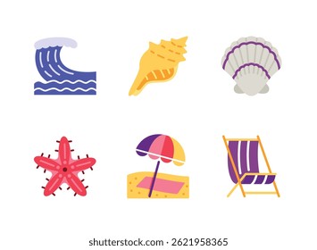 Conjunto Simples de Verão Relacionado Ícones de Cor Plana. Contém ícones como Sea Wave, Seashell, Starfish e muito mais.