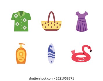 Simple Set of Summer Related Flat Color Icons. Contains Icons as Beach Shirt, Tote Bag, Dress and more.