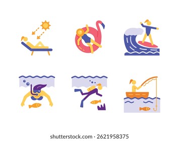Simple Set of Summer Related Flat Color Icons. Contains Icons as Sunbathing, Swimming, Snorkeling and more.